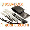 Ensemble de 3 Couteaux de poche Douk-Douk par Pierre Cognet - lames forg�e acier carbone XC75  gaine en cuir noir estampill�e avec le fameux DoukDouk -port vertical ou horizontal- 