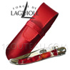 ROSE PETALS forged spring and bee in 1 bloc and HAND CHISELED  Forge de Laguiole pocket knife for WOMAN-GIRL-LADY  acrylic handle with rose petals inlay - 2 bright stainless steel bolsters adapted Red colored leather case 